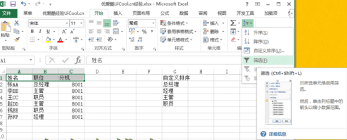 excel2013中怎么使用自定义排序