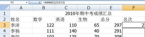 excel表格名次排序方法