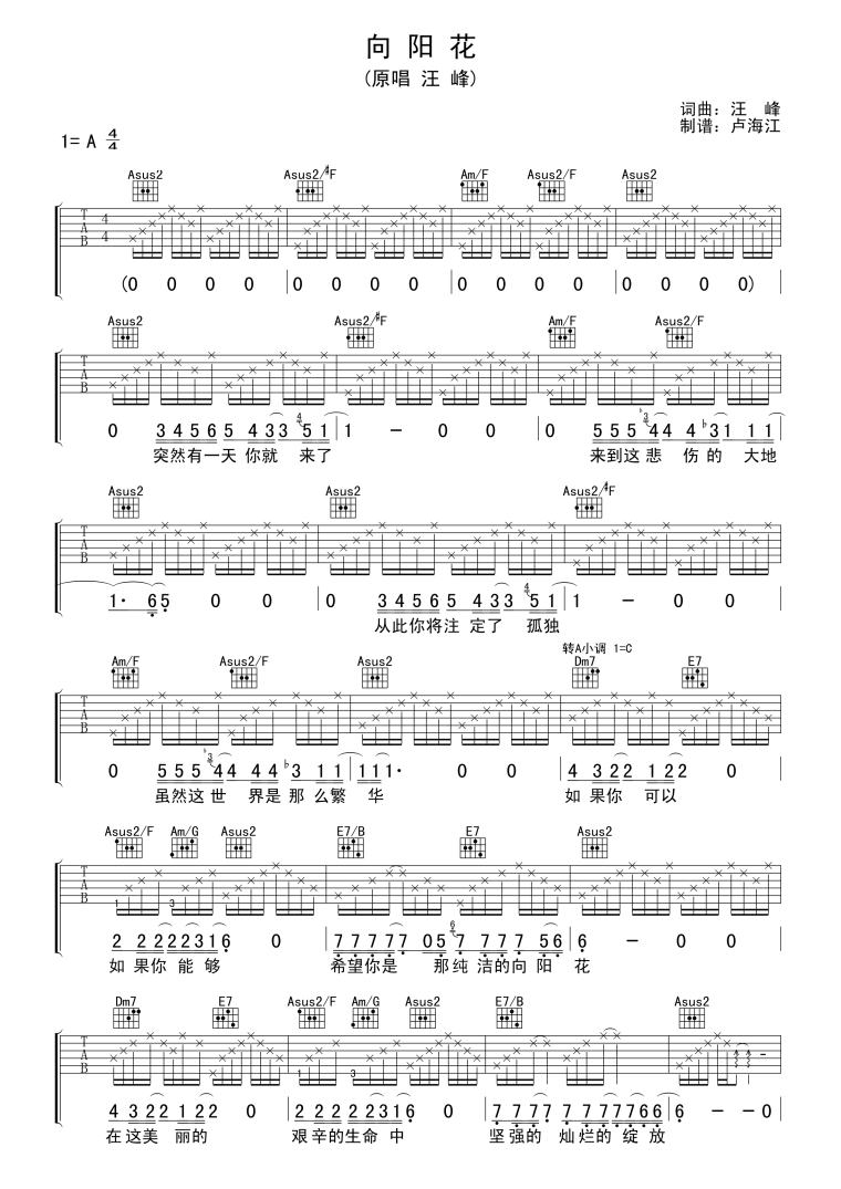 向阳花吉他谱 汪峰 C调