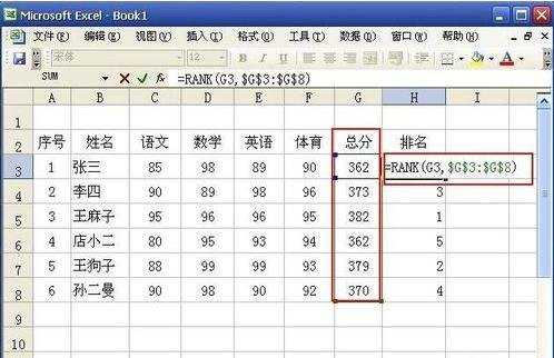 在excel中排名次的方法