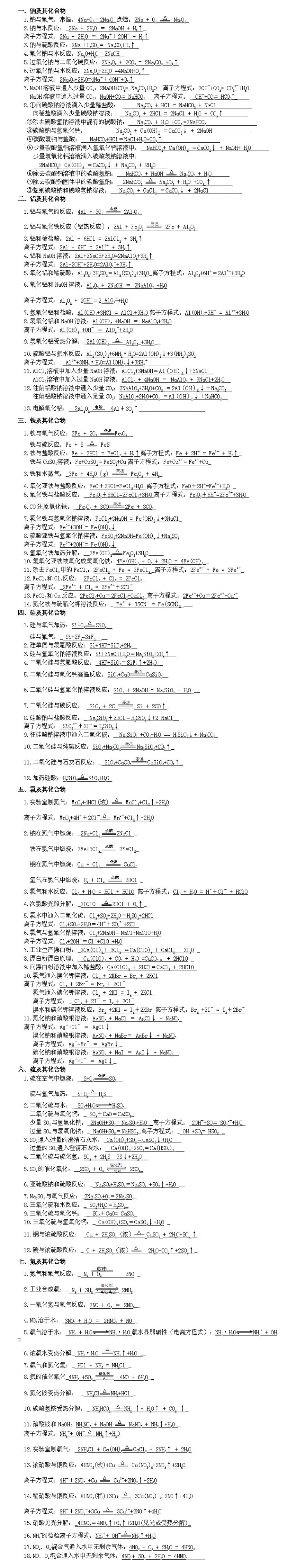 高一必修一化学方程式汇总