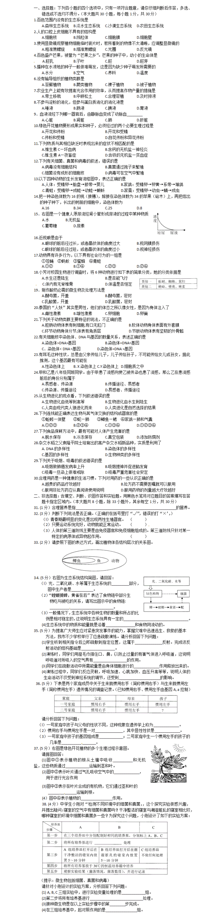 2016初中生物学业水平考试试卷