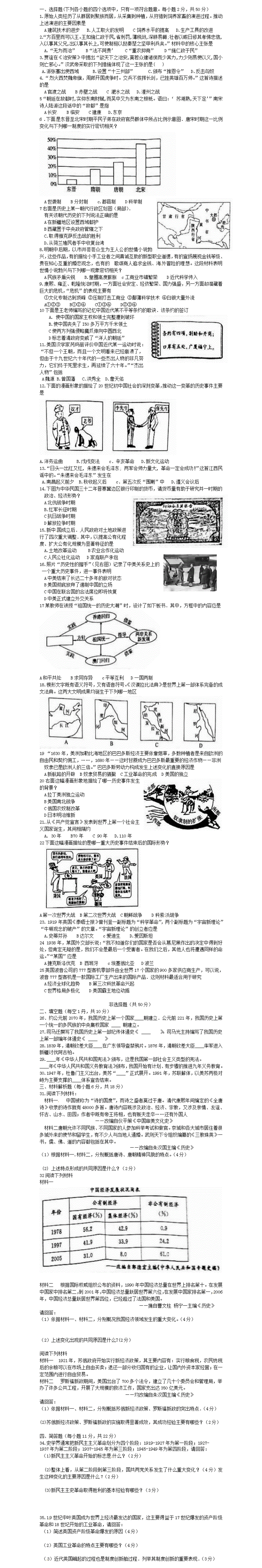 2016年山东省聊城中考历史试题卷