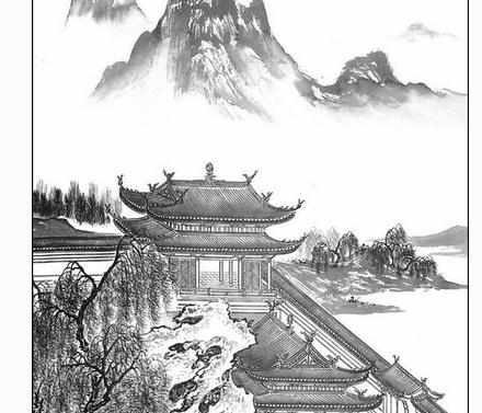 国画工笔山水线描素材图片