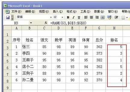 Excel中进行rank函数自动排名的操作方法