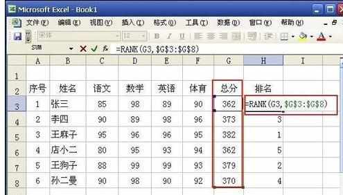 Excel中进行rank函数自动排名的操作方法